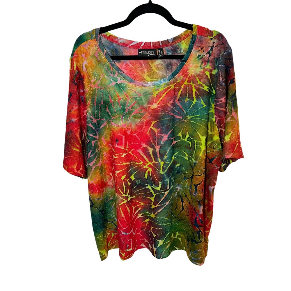 Attitudes by Renee Festival Rainbow Burnout Top Artistic Tropical Leaf Print  1X
